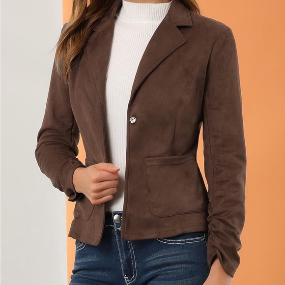 Jackets & Blazers - Women's Long Sleeve Casual Open Front Drawstring Faux Suede Blazer